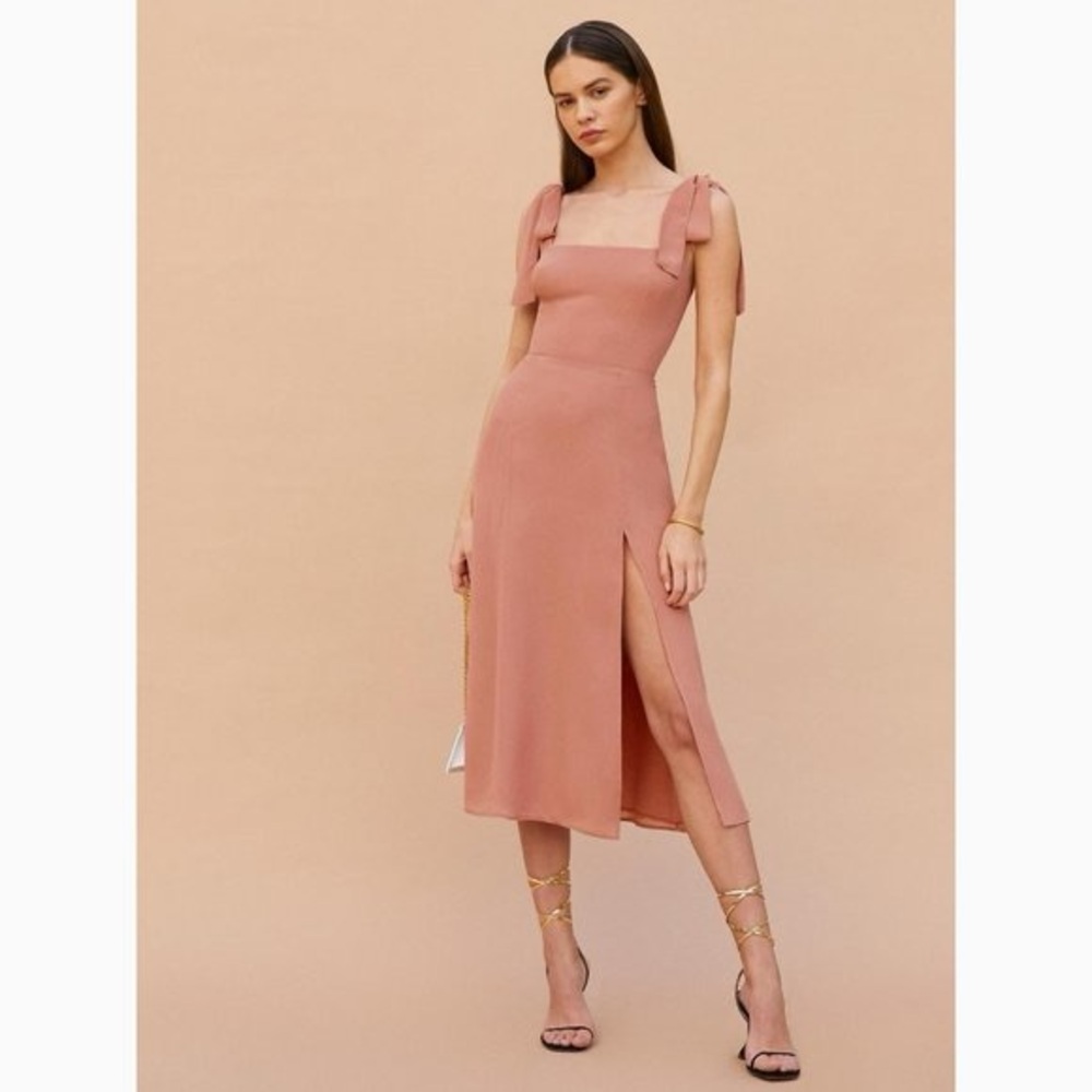 NWOT Reformation Twilight Midi Tie Shoulder Dress in Praline Pink